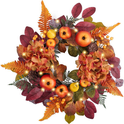 Couronne lumineuse d'automne pour porte d'entrée, décor de récolte d'automne rustique avec des accents de grenade et de pomme de pin pour le porche de l'Action de grâce et le style de la maison