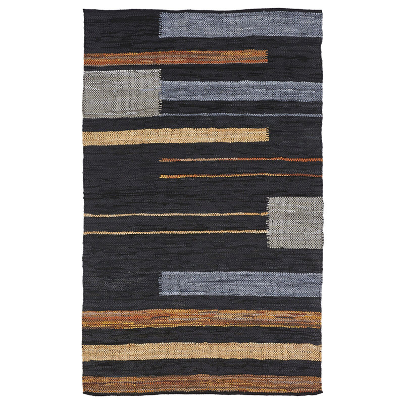 Tapis rayé tissé à plat à la main en brun / gris / noir, Rectangle de 5 pi x 8 pi