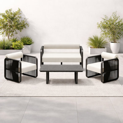 Ensemble de conversation d'extérieur en aluminium et osier pour 4 personnes avec coussins Sunbrella