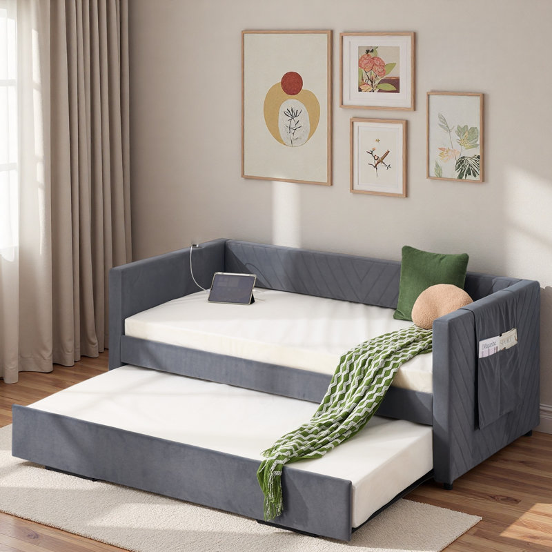 Upholstered Daybed With Trundle, Usb Port And Side Pockets, Gray