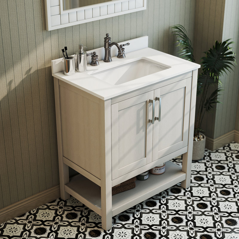 30-inch Freestanding Single Sink Bathroom Vanity – Bombay White Engineered Stone Countertop, Integrated Backsplash & Open Storage Shelf