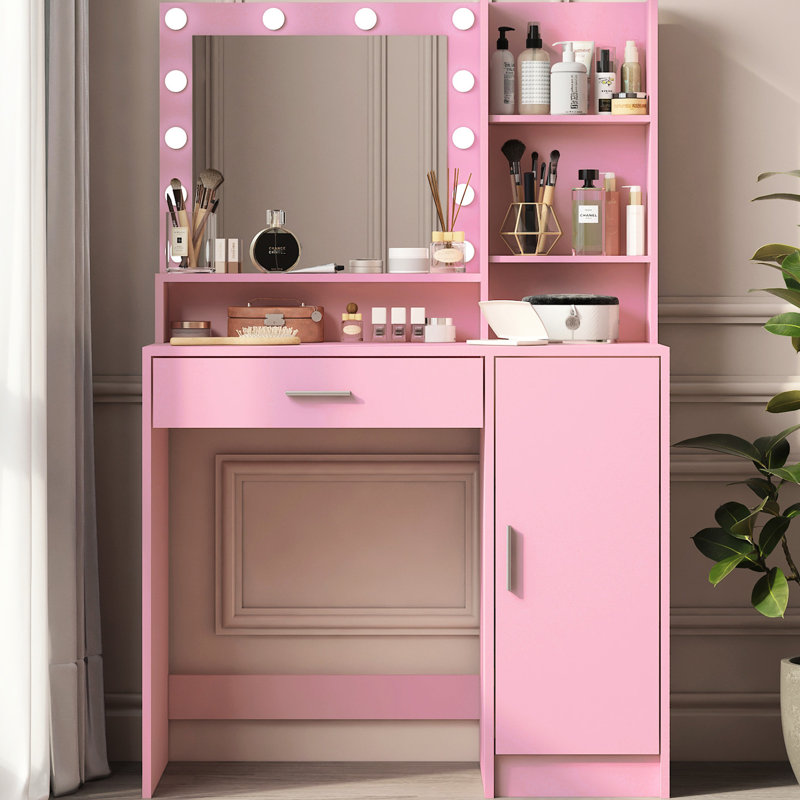 Bureau de coiffeuse avec miroir et rangement spacieux, support en métal, commode de chambre à coucher avec luminosité réglable, grande tablette et tiroir blanc