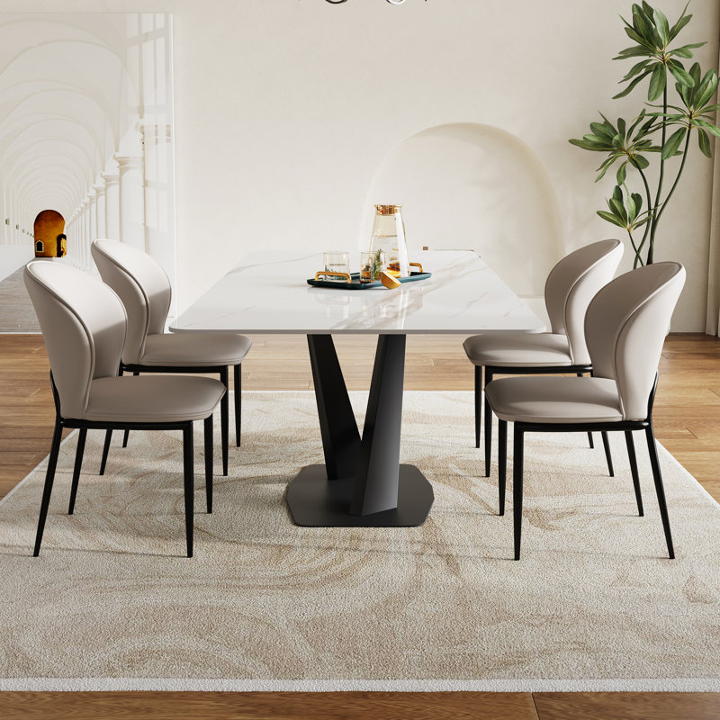 Modern 63" White Marble Dining Table Set With 4 Upholstered Chairs, Faux Leather Dining Chairs With Stainless Steel Legs, Rectangular Kitchen Table And Chair Set For Dining Room