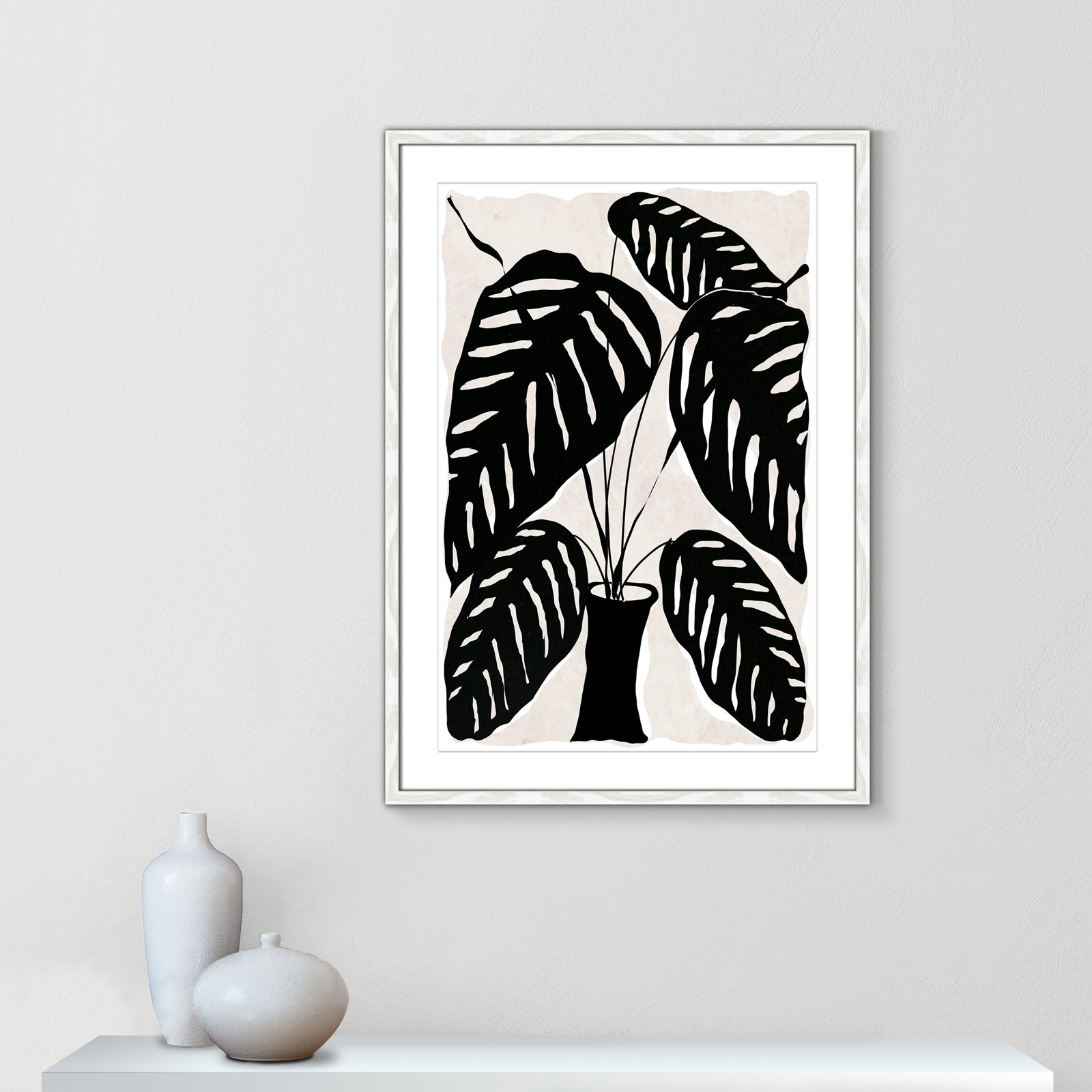 Black and White Potted Plant I Print, 35.5" H x 25.5" W x 0.75" D, White Framed