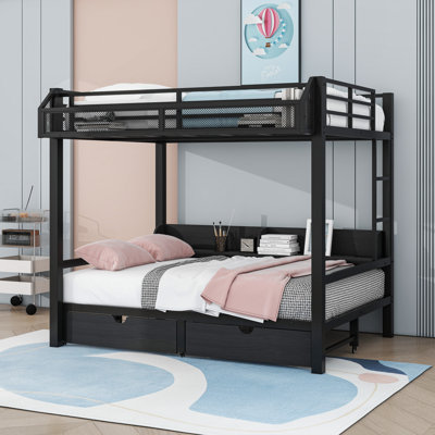 Metal Bunk Bed With LED Lighting, USB Ports, Shelves And Drawers