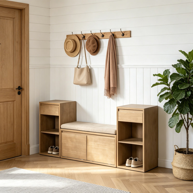 Banc de rangement pour chaussures 3 en 1 avec coussin, banc d'entrée en bois massif avec tiroirs et tablettes ouvertes, Brun