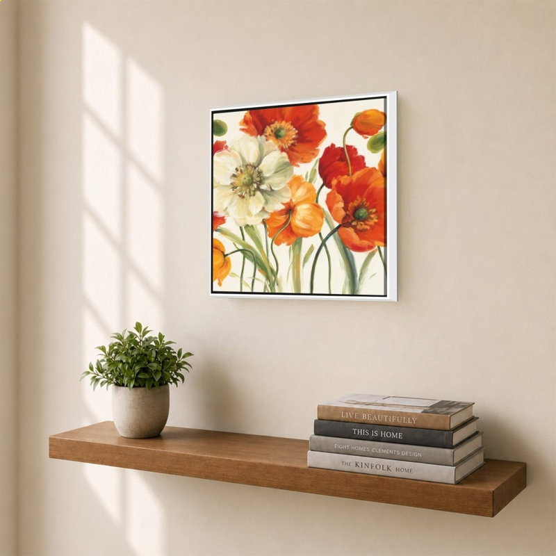 «Poppies Melody I» par Lisa Audit - impression sur toile, 30" x 20", Beveled Floating Frame, Silver