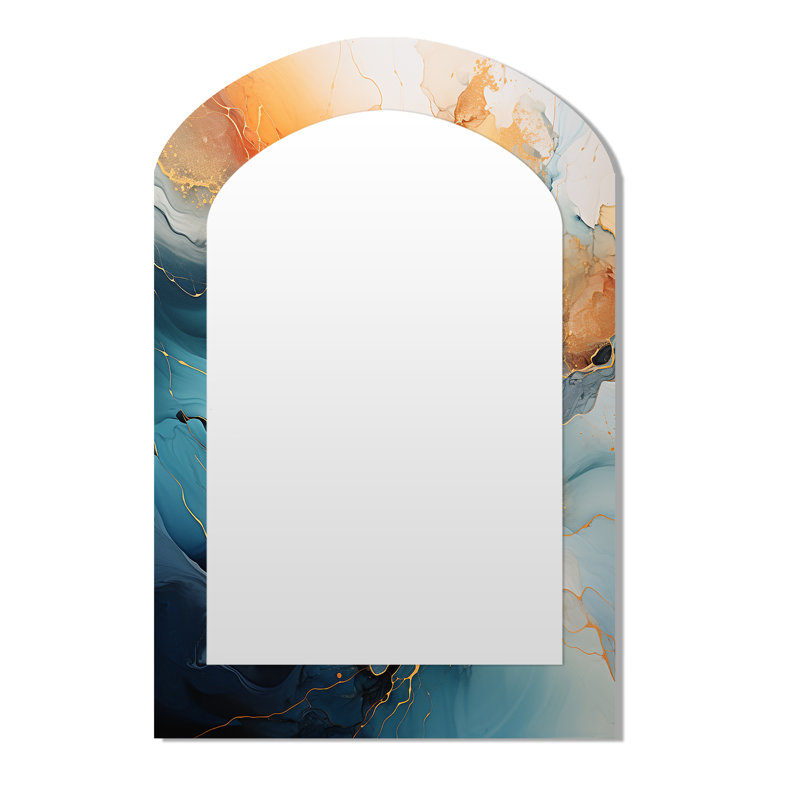 Teal Orange Bold Abstract Flow Collage II - Dams Asymmetrical Decorative Mirror, Modern Arch Wall Mirror, Printed Metal Art
