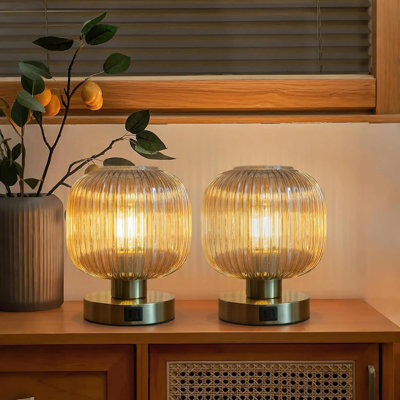 Touch Control Table Lamp Set Of 2 With USB C+A Charging Ports, 3-Way Dimmable Bedside Lamp With Ribbed Glass Shade, 4W LED Bulb Included, Elegant Gold Glass Design For Bedroom & Living Room