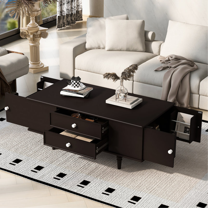 Modern Rectangle Coffee Table with Four Drawers, Two Side Hidden Storage Compartments, 47.2" Wood Coffee Table with Metal Handles and Four Solid Wood Legs for Living Room