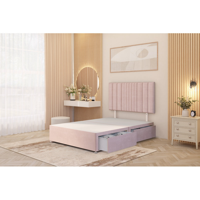 Alyssa Velvet Divan Bed Set Sprung Memory Foam Mattress & Headboard with Drawers, Kingsize (5'), Pink, 2 Draw