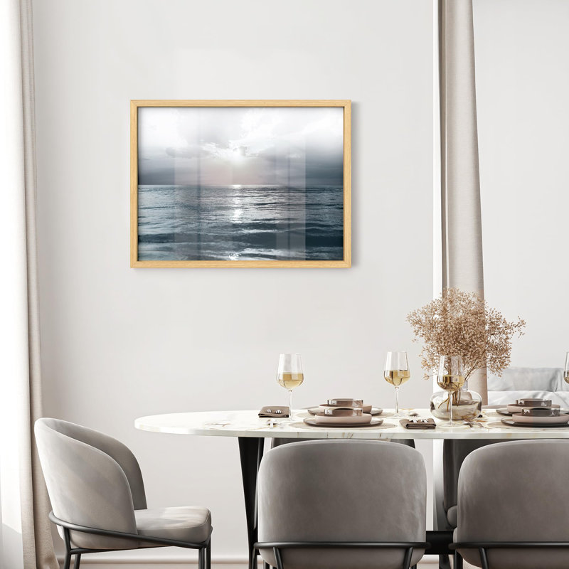 Petit soleil nuageux au-dessus de l'océan au crépuscule, Illustration moderne, petit décor, œuvre d'art moderne, Naturel