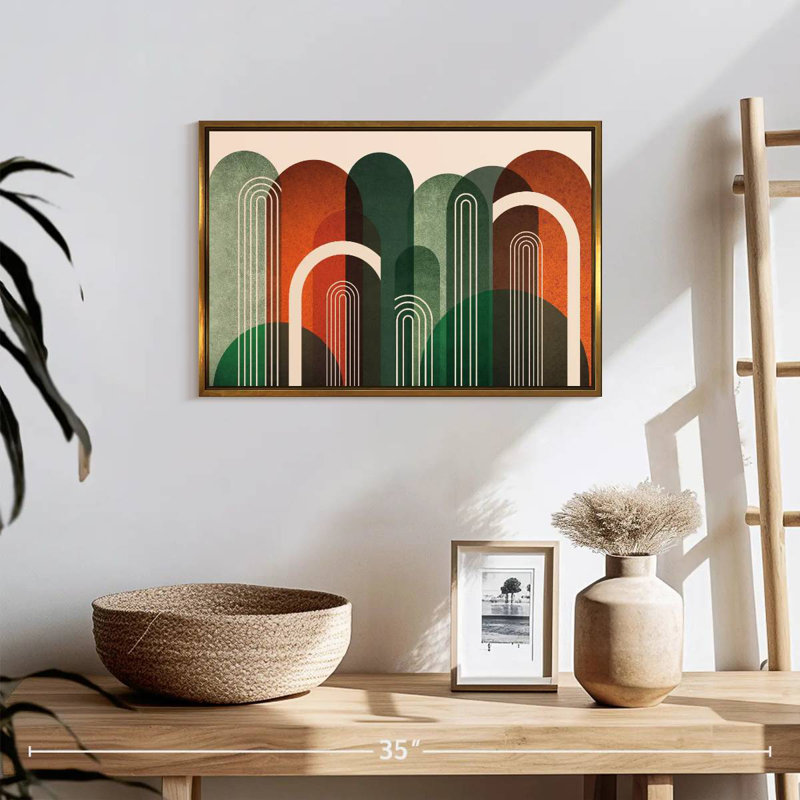 Arches du milieu du siècle, orange, vert, 19 po x 13 po, Cadre flottant doré