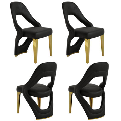 Ensemble de 4 chaises de salle à manger luxueuses en velours noir avec pieds en acier inoxydable doré poli
