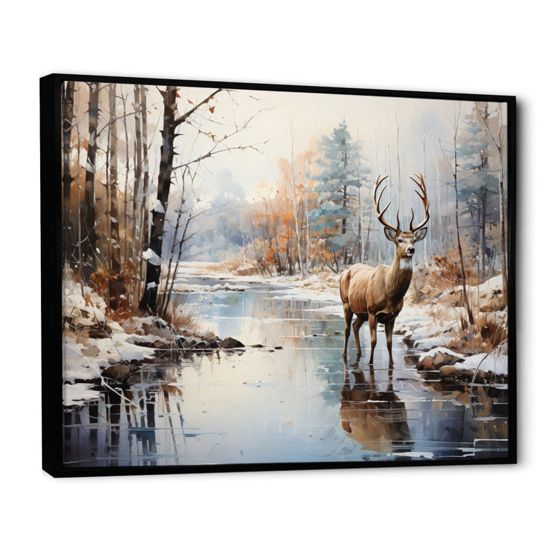 Cerf hiver sérénade - art mural grand cerf, 34" H x 44" W, Cadre flottant noir