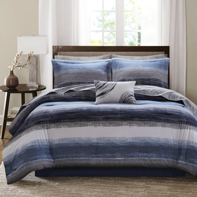 Édredon pour grand lit 9 pièces avec draps en microfibre de coton rayé aquarelle marine Jupe de taie décorative assortie