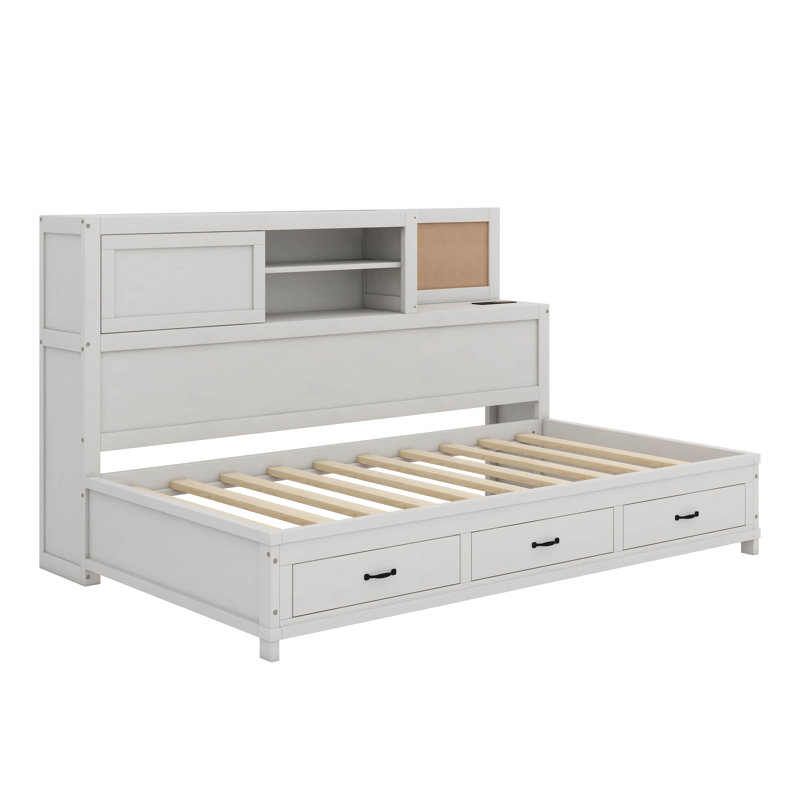Jacksten Wooden Daybed With 3 Drawers, Upper Soft Board, Shelf, Sockets And USB Ports, Twin, White