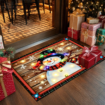 JYK Non-Slip Indoor Outdoor Door Mat, 16"x24",Red Snowman Lights Design