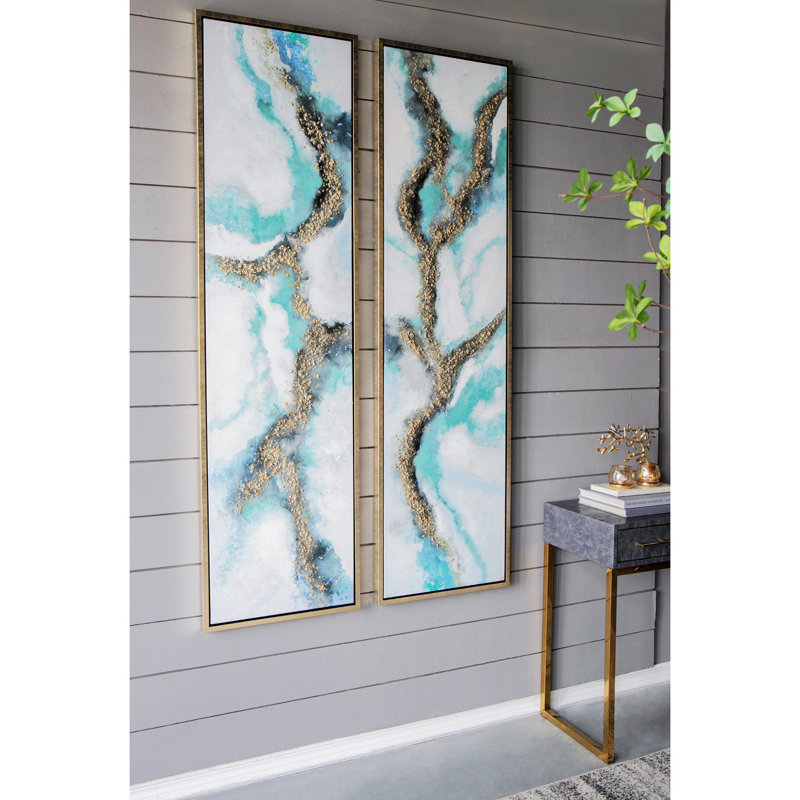 Elongated Blue and Gold Abstract Canvas Wall Art Set