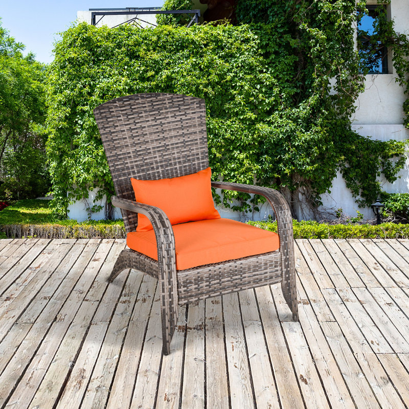 Alaizah Outdoor Rattan Adirondack Deck Chair Armrest Lounge Chair w/ Cushion, Gray, Gray/Orange