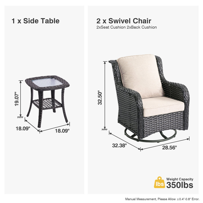 Amerissa 3 Piece Outdoor Swivel Chair, Rocking Patio Set With Cushions, Beige Cushion/Brown Frame