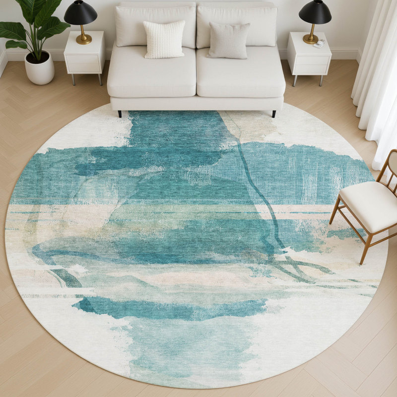 Premium Machine Washable Mayfield Abstract Rug, Teal, 8' Round