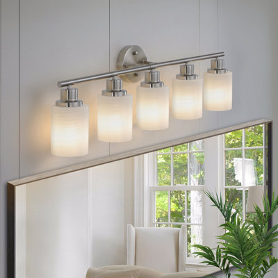 31" Modern Style 5-Light Configuration Vanity Wall Sconce, In Brushed Nickel Finish Metal Material Finish With Frosted Glass Material Shades