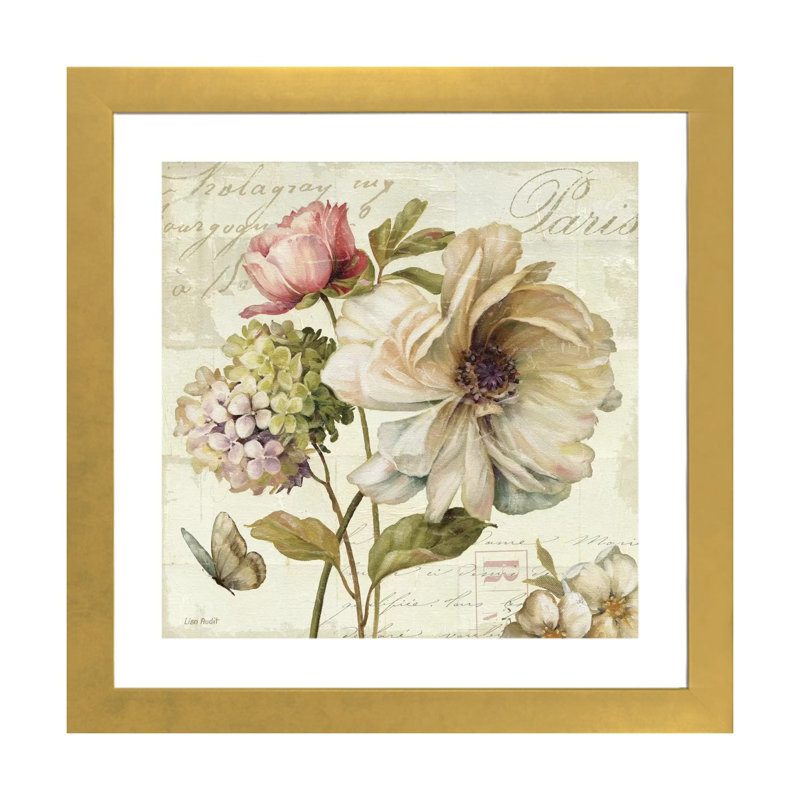 Marche de fleurs II (sans texte) par Lisa Audit - impression d'art graphique, H 16 po x l 16 po x p 1 po, Papier encadré doré
