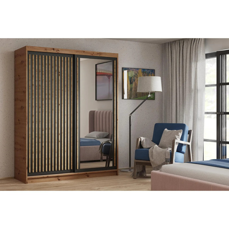 Ramik 2 Door Sliding Wardrobe, 205cm H x 100cm W x 88cm D, Walnut