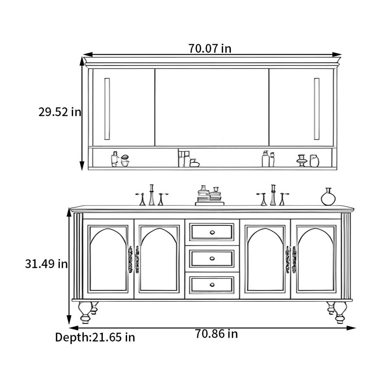Armoire de salle de bain française, H 31,49 po x l 70,86 po x P 21,65 po