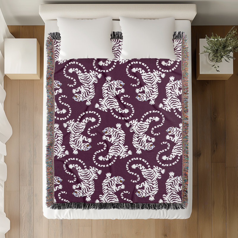Jeté en mélange de coton Leonard Tiger, Pourpre / Blanc cassé, L 70 po x l 50 po