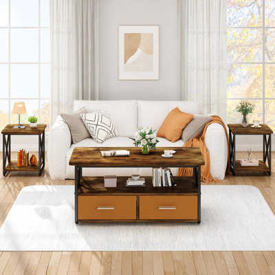 Un ensemble de tables basses trois pièces, équipé de tiroirs en tissu et de tablettes de rangement, fait de structure en métal, un ensemble de table de salon robuste et durable, jumelé à deux tables d'appoint, convient aux meubles de maison dans le salon