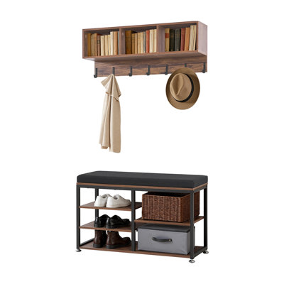 3-in-1 Entryway Coat Rack with Shoe Bench and Storage Shelves, Rustic Brown and Black Steel Frame Hall Tree Organizer for Mudroom or Bedroom