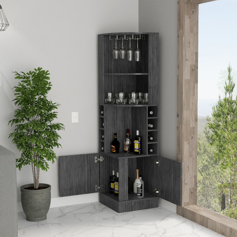 Armoire de coin Syrah, huit casiers à bouteilles, double porte, deux tablettes ouvertes, Gris