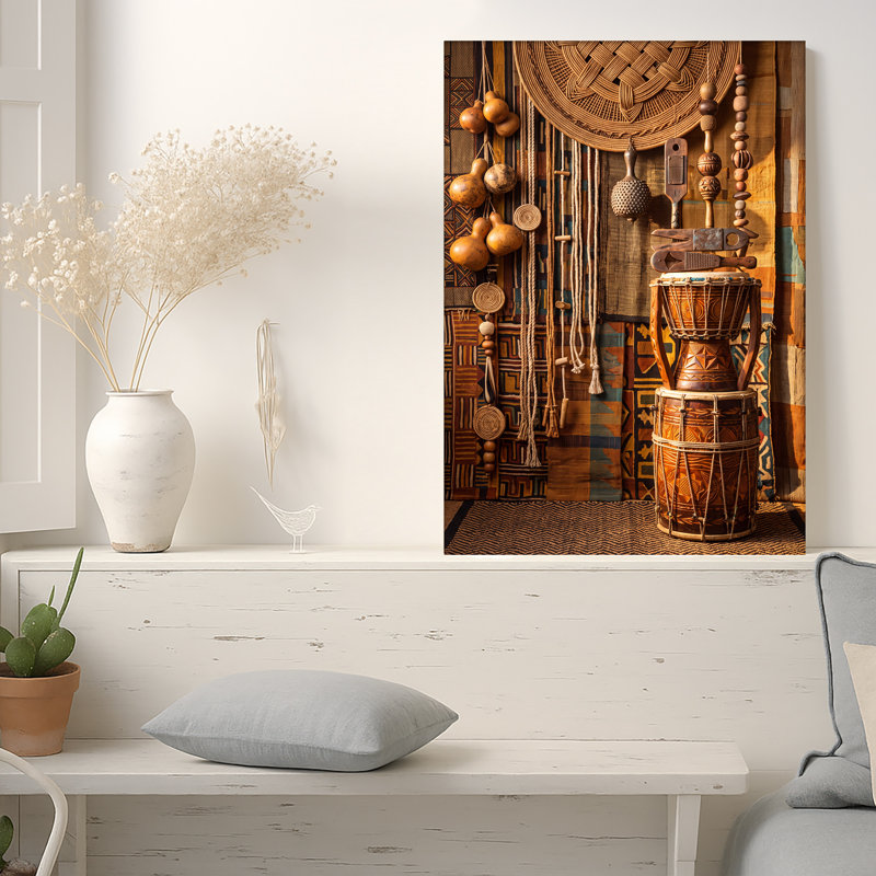 «Rustic Drums and Hanging Gourds on Patchwork», art mural sur toile, H 18 po x l 12 po
