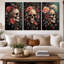 3pcs Bohemian Gothic Framed Canvas Wall - Dark Floral Triptych with Haloed Skull & Roses, Suitable for Halloween & Christmas Decorations.-351917045