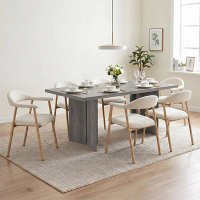 Amiin 70" Wooden Rectangular Dining Table With 6 Pcs Modern Upholstered Kitchen Dining Chairs
