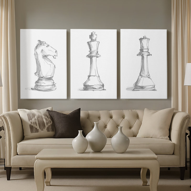 Chess Room Study I - Toile tendue avec châssis sur mesure - 3 pièces, H 36 po x l 72 po