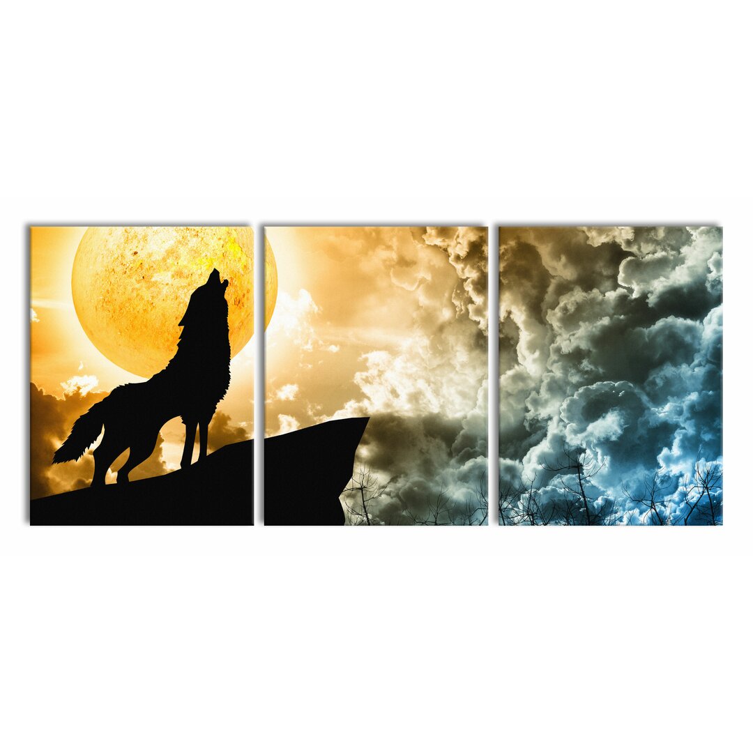 3-tlg. Leinwandbilder-Set Wolf heult den Mond an