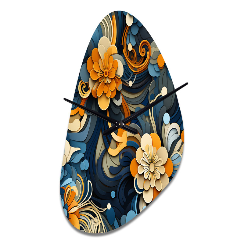 Essence florale gracieuse orange et bleue de Zen - grande horloge murale orange - forme unique, Grand