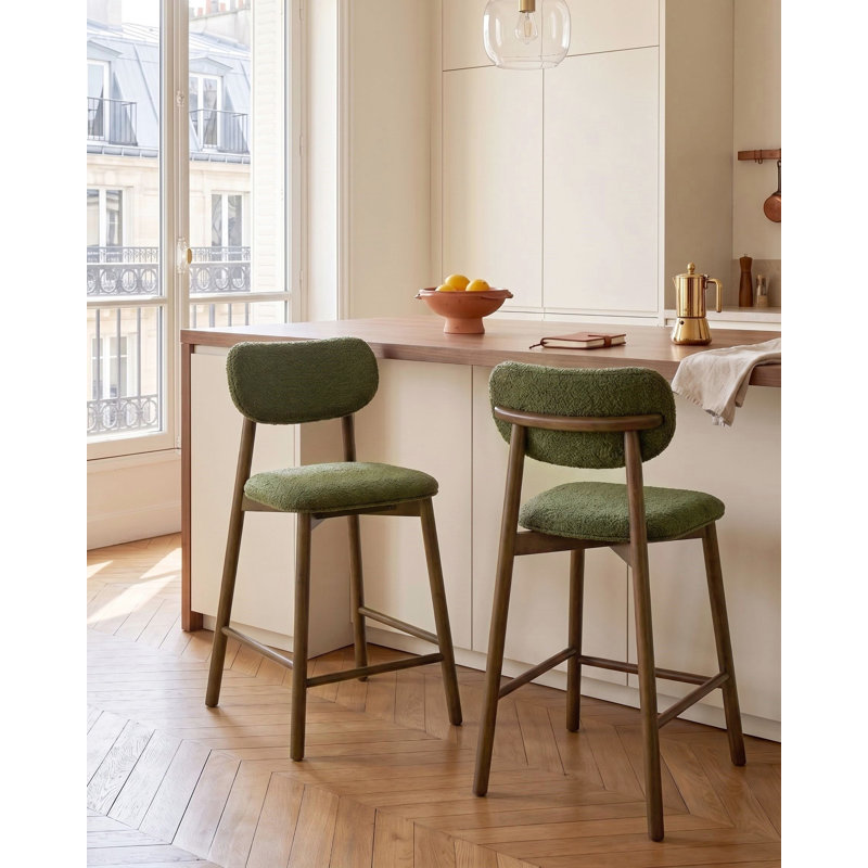 Upholstered Bar Stool with Solid Wood Frame, Green / Brown