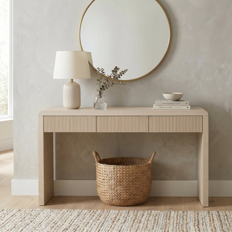 Console rustique avec 3 tiroirs cannelés, table d'entrée en placage de bois massif avec pieds réglables, table d'appoint de couloir résistante aux égratignures en abricot