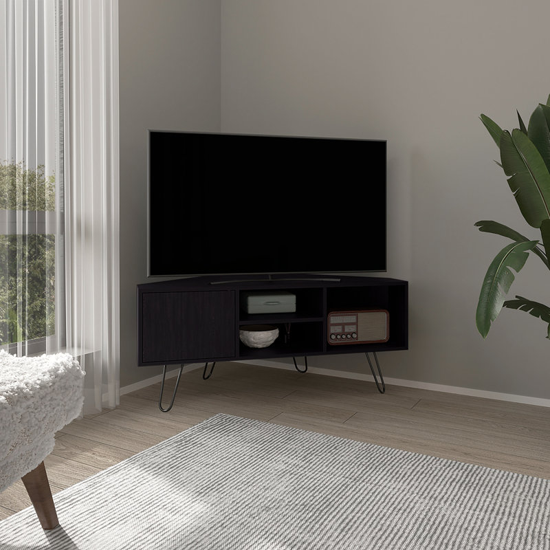 Meuble télé, 1 porte, 3 tablettes, 4 pieds, noir