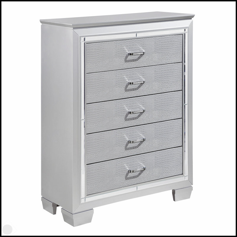 Commode glamour à finition argentée 1 pièce avec 5 tiroirs en queue d'aronde et façades en faux alligator pour les chambres élégantes