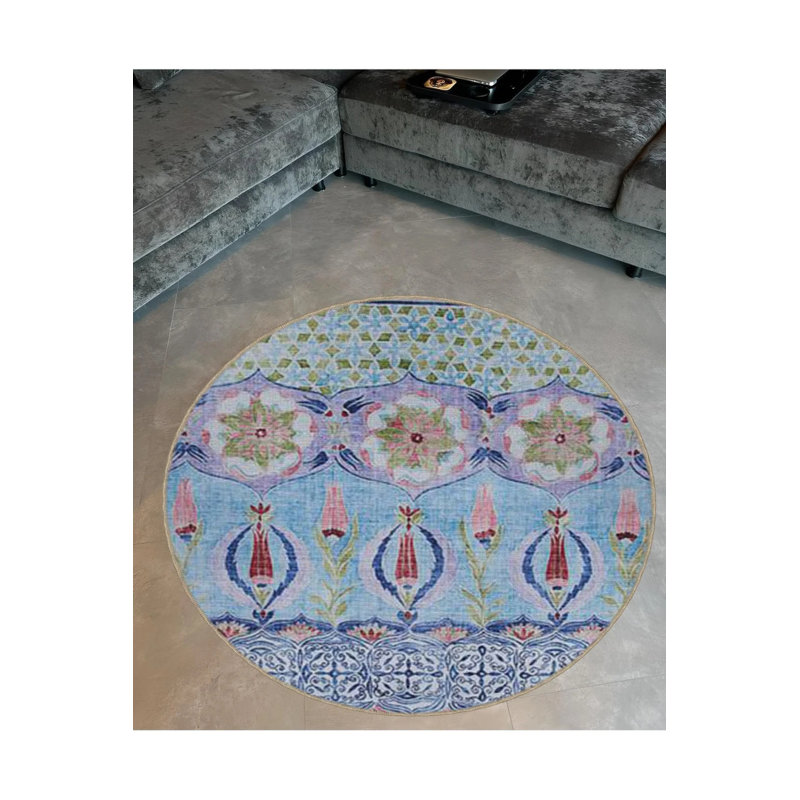 Blue Traditional Motif Patterned Round Woven Base Vintage Decorative Carpet, Round 5'