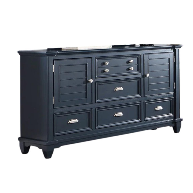 Commode large Zeny, 5 tiroirs, 2 armoires à 2 portes, bois massif bleu ardoise