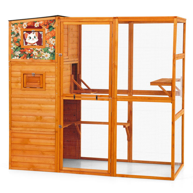 Enclos pour chat 68,89 "H, 4 espaces pour animaux avec 2 aires de repos et plateformes, toit imperméable, motifs colorés oranges pour le plaisir de plusieurs animaux de compagnie