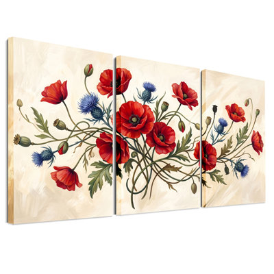 Coquelicots rouges et chardons bleus dans un ensemble botanique de 3 toiles