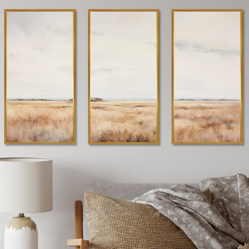 «Prairies Scenery Breeze Minimalisme», ensemble d'art sur toile prairies, Cadre flottant doré, H 32 po x l 48 po x P 1 po