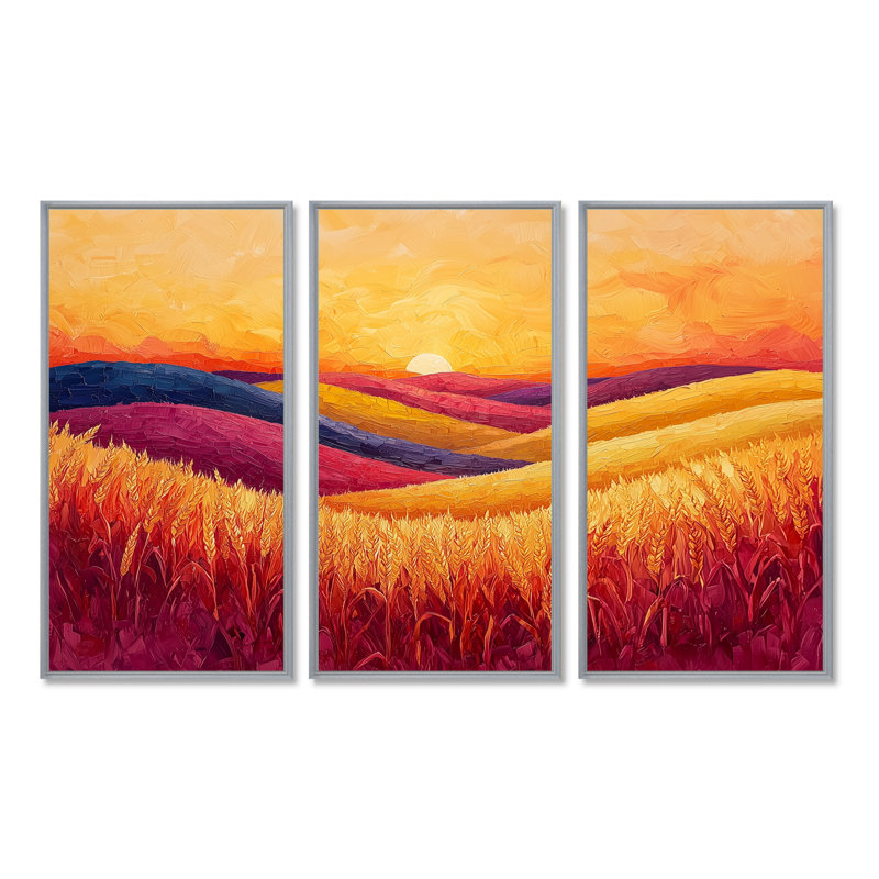Coucher de soleil sur le champ de blé I - campagne, art mural - ensemble de 3, H 32 po x l 48 po, Argent argent